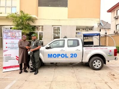 Executive Secretary/CEO, LSSTF, Dr. Ayo Ogunsan presenting the key of the brand new operational vehicle to the Commander, MOPOL 20, ACP Abubakar Idris at the LSSTF's office Alausa Ikeja...